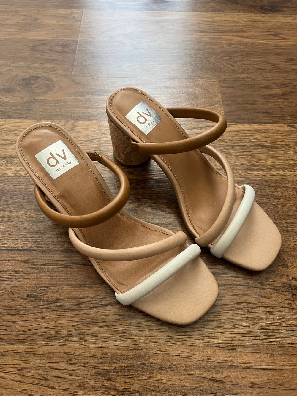 DV Dolce Vita Two-Tone Tan and Cream Strappy Block Heel Sandals